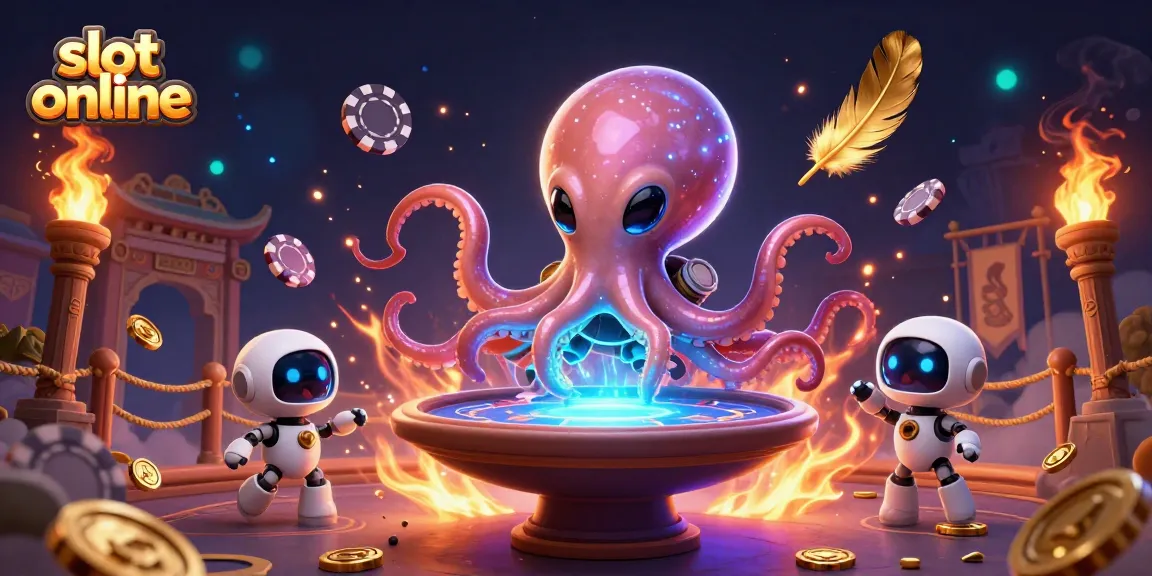 Mengoperasikan slot online, seorang gurita alien 3D memainkan meja poker holografis dikelilingi koin emas.