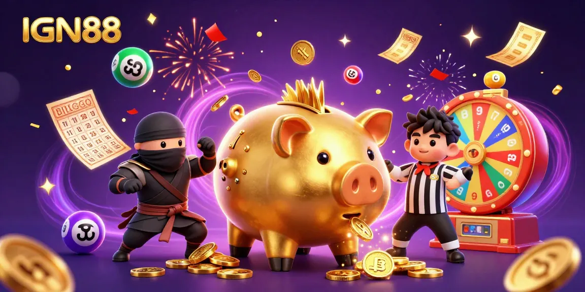 Menangkan jackpot di IGN88 dengan piggy bank emas dan ninja di tengah keramaian slot menarik.