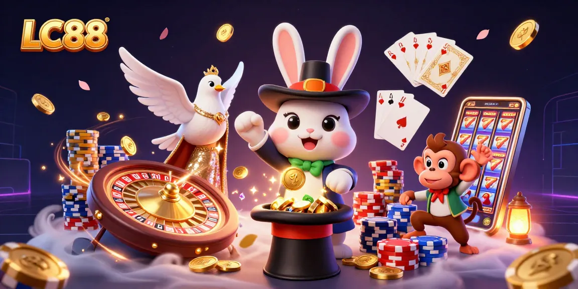 Experience the magic of LC88 with a thrilling 3D depiction of a magician rabbit, sparkling coins, and a vibrant casino scene.