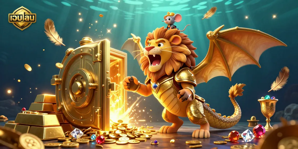 Engage in เว็บบอล betting with an immersive 3D illustration showcasing a chimera triumphantly surrounded by gold treasures.