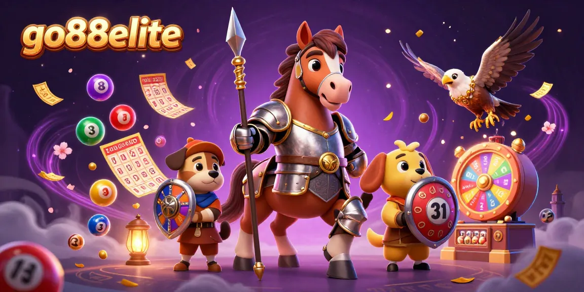 Experience vibrant gaming moments at go88elite with a medieval knight, squire puppy, and falcon amidst colorful lottery elements.