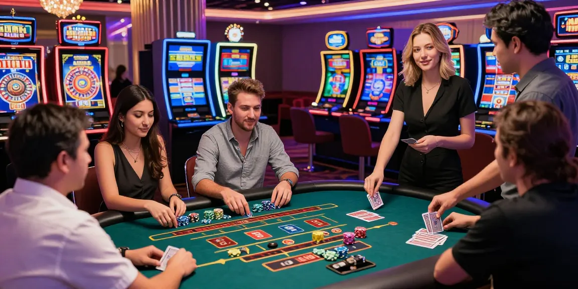 Engaging players at an MBM娛樂 casino table amidst vibrant gaming atmosphere