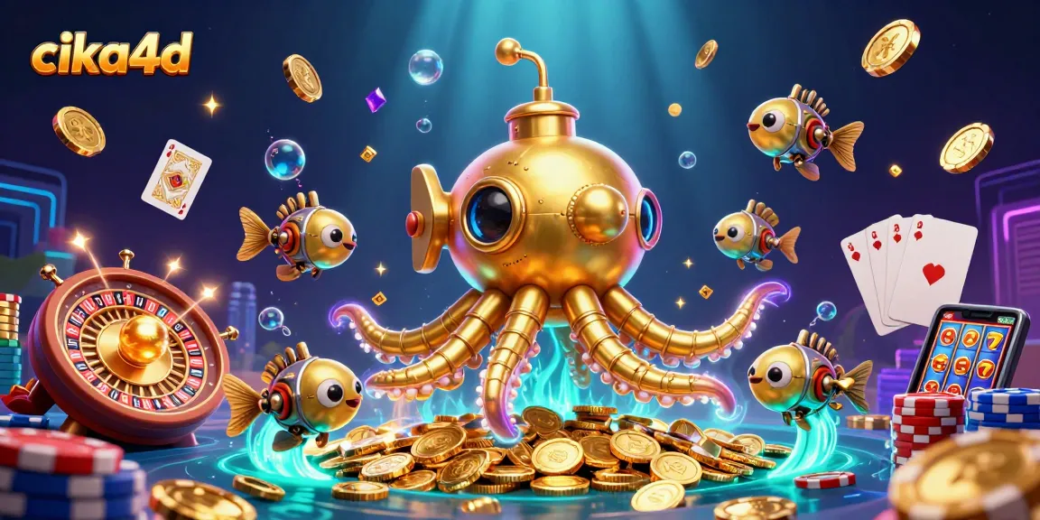 Experience the thrill of cika4d with a golden kraken and colorful casino elements in a vibrant underwater scene.