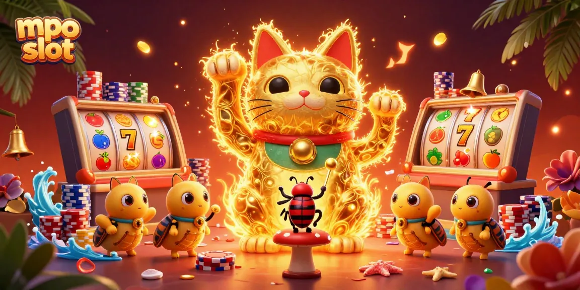 Experience exciting wins with mpo slot featuring a dynamic scene of a lucky cat and vibrant casino symbols.