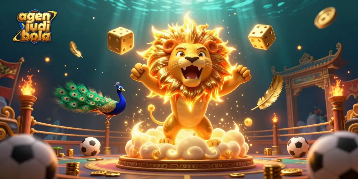 Win big with agen judi bola, featuring a dynamic 3D scene of sports balls, a roaring lion, and golden dice.