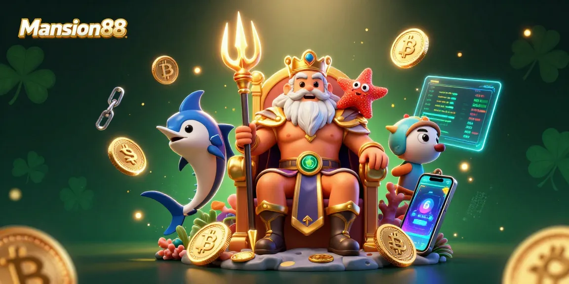 Engage with Mansion88's thrilling gaming experience showcasing vibrant characters and crypto elements.