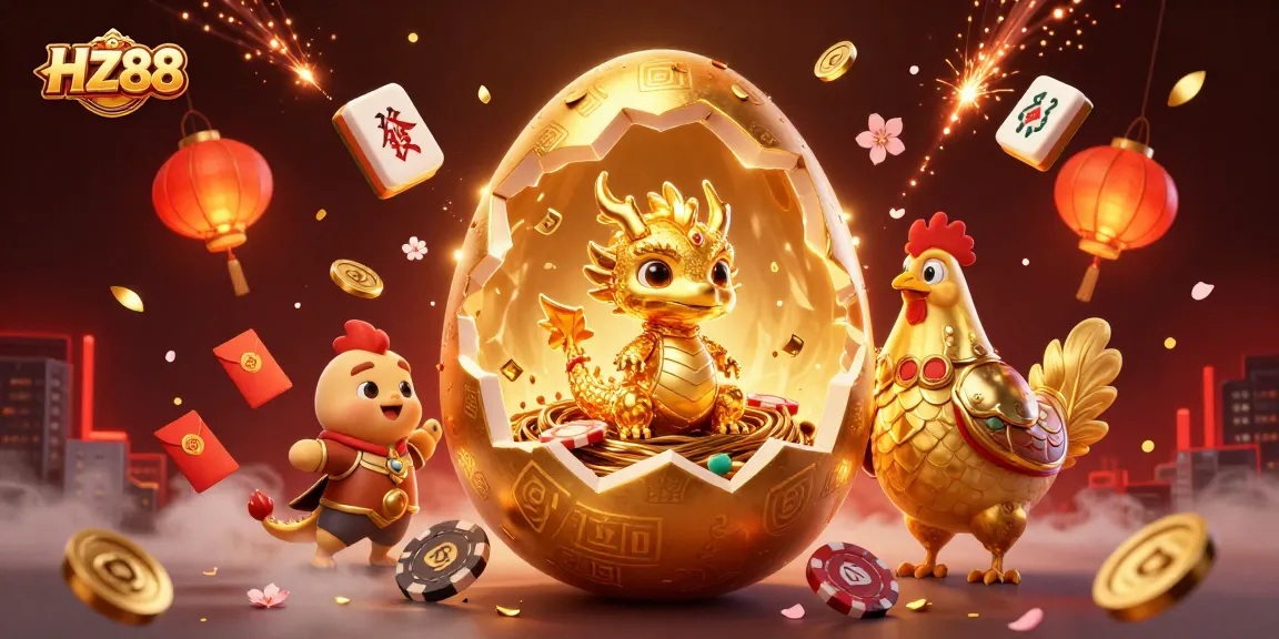 Experience the excitement of HZ88 with a dazzling 3D scene showcasing gaming elements and a golden dragon.