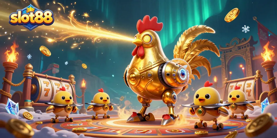 Tingkatkan pengalaman bermain slot88 dengan ilustrasi kasino berwarna-warni yang menampilkan robot ayam emas futuristik dan simbol keberuntungan.