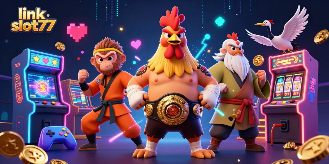 Win big with link slot77 at this exciting gaming scene featuring vibrant characters and a dynamic casino atmosphere.