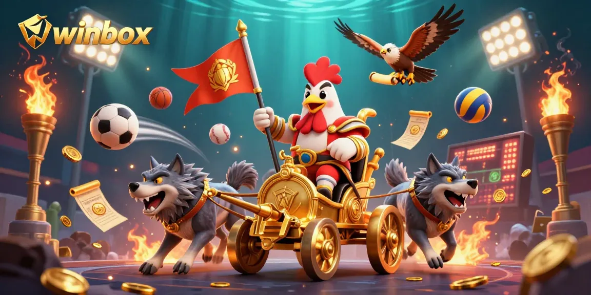 Winbox offers thrilling gaming experiences, featuring a rooster warlord in a dynamic casino scene.