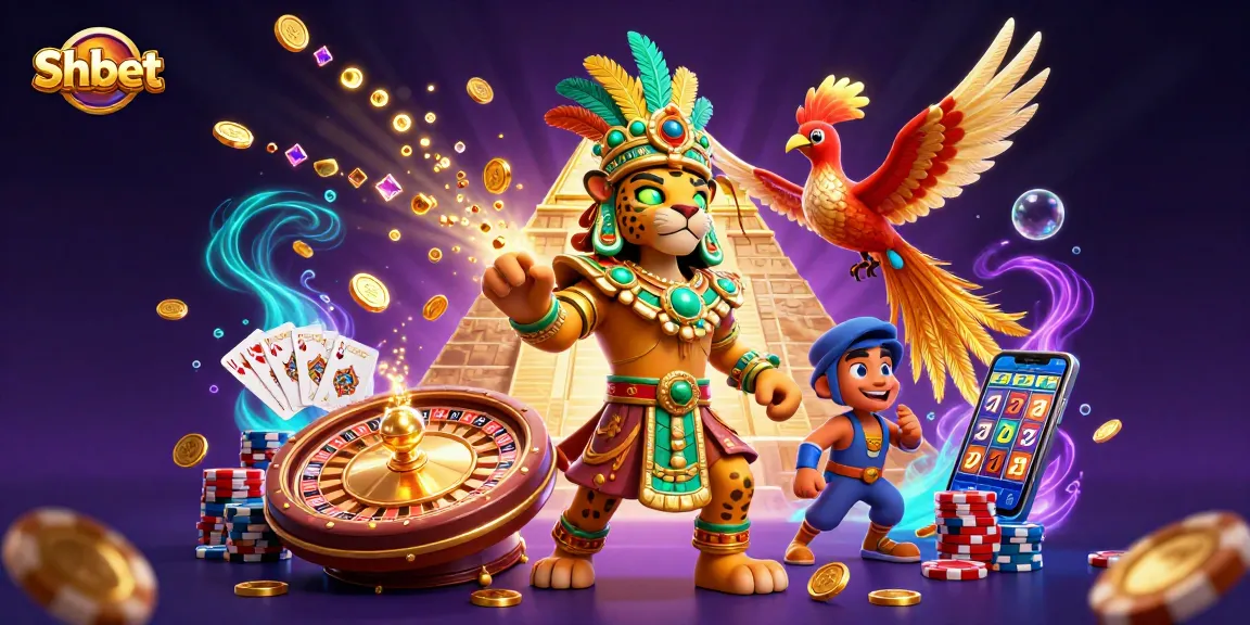Engage in thrilling gaming adventures at Shbet with a vibrant 3D casino scene filled with golden coins and spinning roulette wheels.