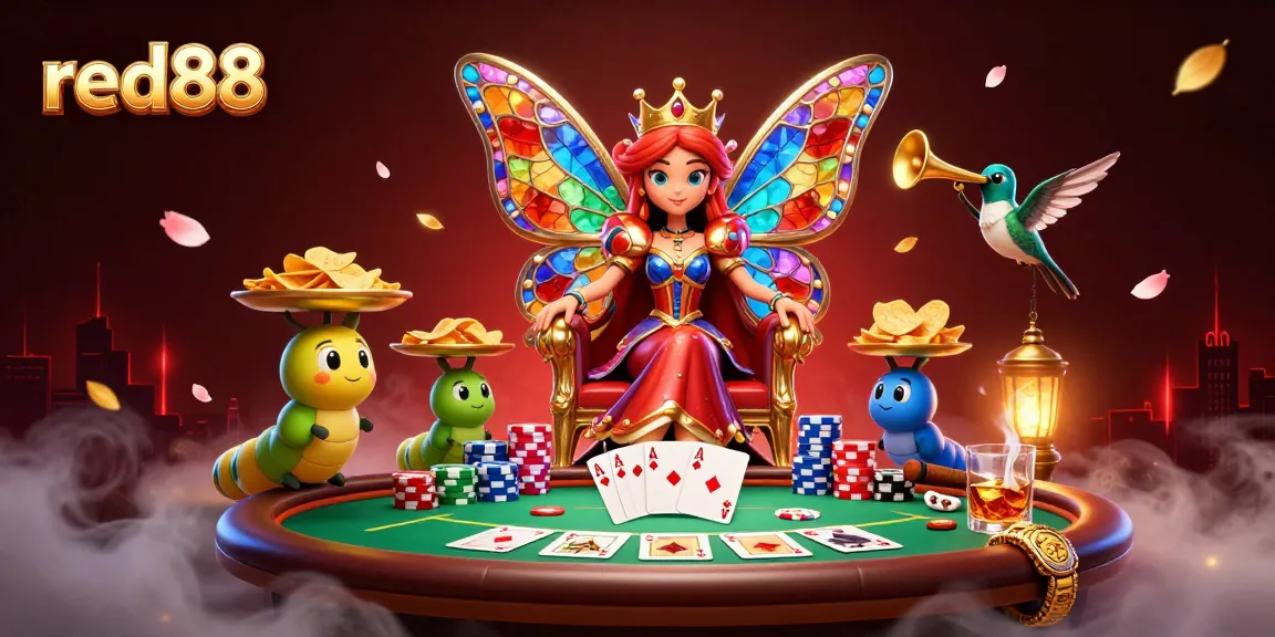 Engage with the enchanting red88 casino scene featuring a butterfly queen and vibrant poker elements.