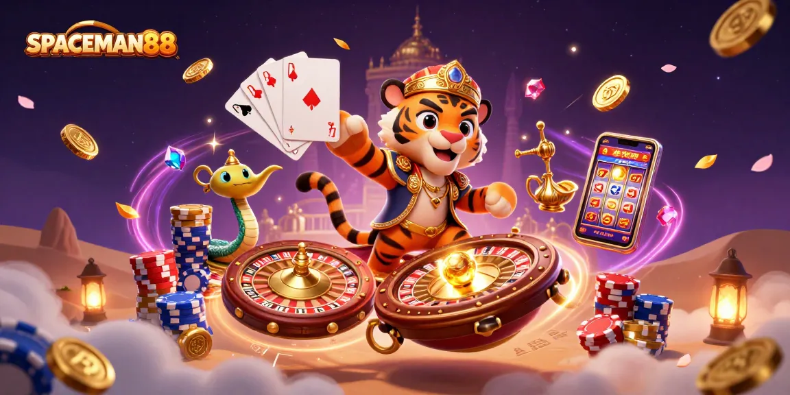 Experience thrilling wins with SPACEMAN88 as a tiger sultan rides a poker chip carpet amid casino excitement.