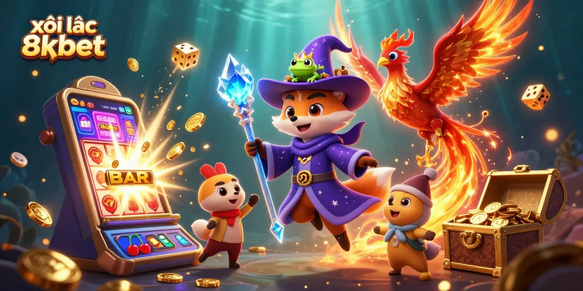 Experience exciting xôi lạc 8xbet action with slot machines, wizards, and phoenixes in a vibrant casino scene.