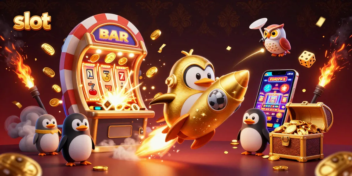 Menggulung gulungan slot dengan penguin emas bertenaga roket di ruang angkasa