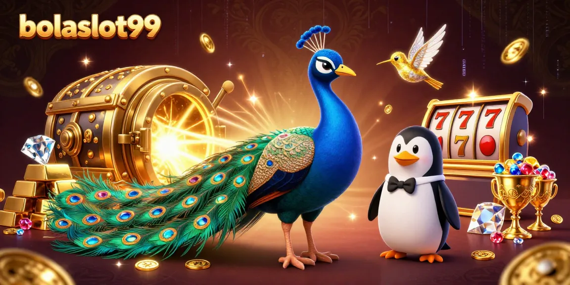 Bolaslot99 captures the excitement of slots with a vibrant scene featuring a peacock, penguin, and hummingbird.