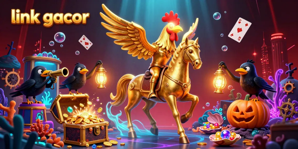 Engage with thrilling games at link gacor in a vibrant casino scene featuring a golden rooster and treasure.
