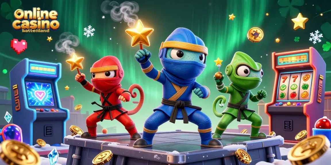 Engage in exciting gameplay at online casino buitenland with 3D chameleon ninjas surrounded by vibrant casino elements.