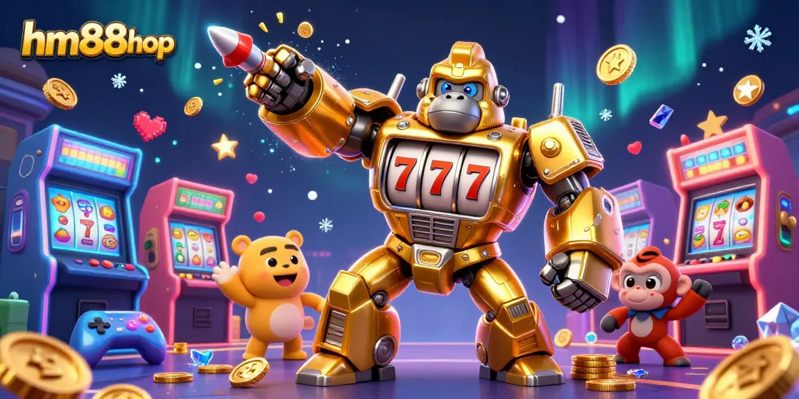 Enhance your gaming experience with hm88shop’s dynamic 3D casino illustration featuring a golden gorilla mech.