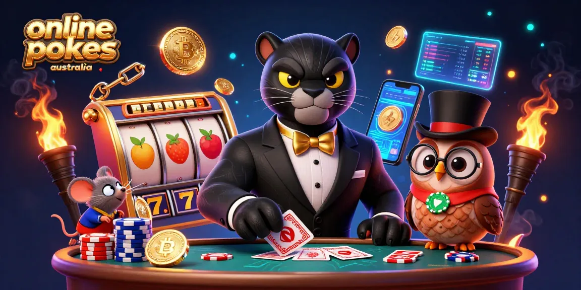 Experience thrilling online pokies Australia gameplay with vibrant characters, slot symbols and cryptocurrency elements.