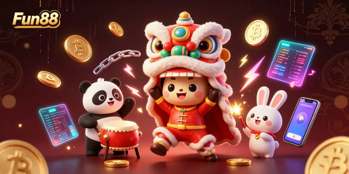 Engage in fun casino gaming with Fun88's vibrant lion dance and crypto elements.