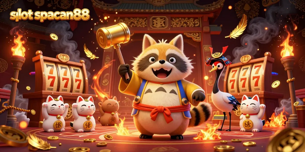 Experience slot spaceman88 in an exciting casino scene with colorful tanuki characters.