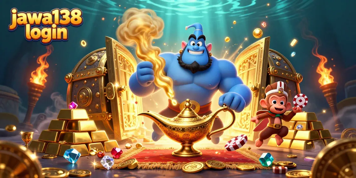 Join the fun at jawa138 login with a magical scene featuring casino treasures and characters!
