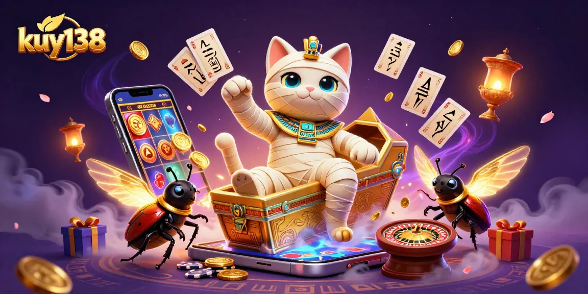 Menangkan permainan slot kaya fitur interaktif di kuy138 dengan mumi kucing dan simbol kuno.
