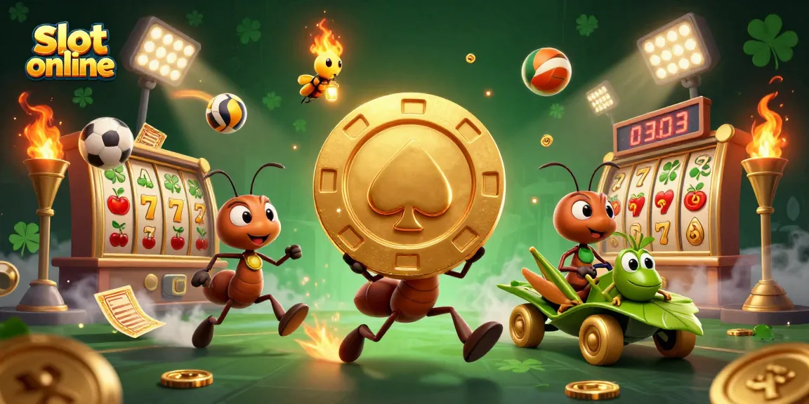 Launch into slot online excitement as ants carry a giant poker chip in a vibrant 3D scene.